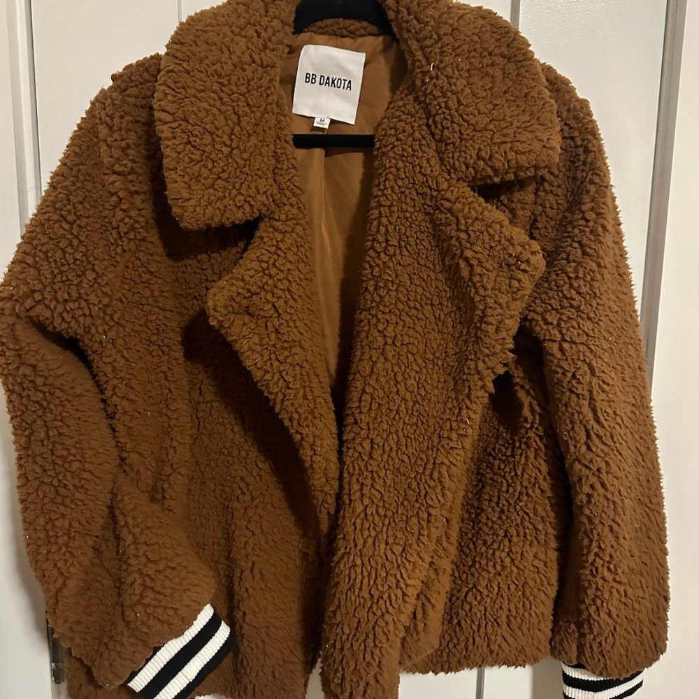 BB Dakota Cropped Teddy Bomber Jacket with Striped Cuffs (Like New)
